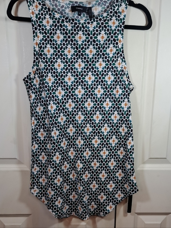 Theory Tops - Theory Silk Sleeveless Geometric Floral Tank Top - White, Black, Green, Gold